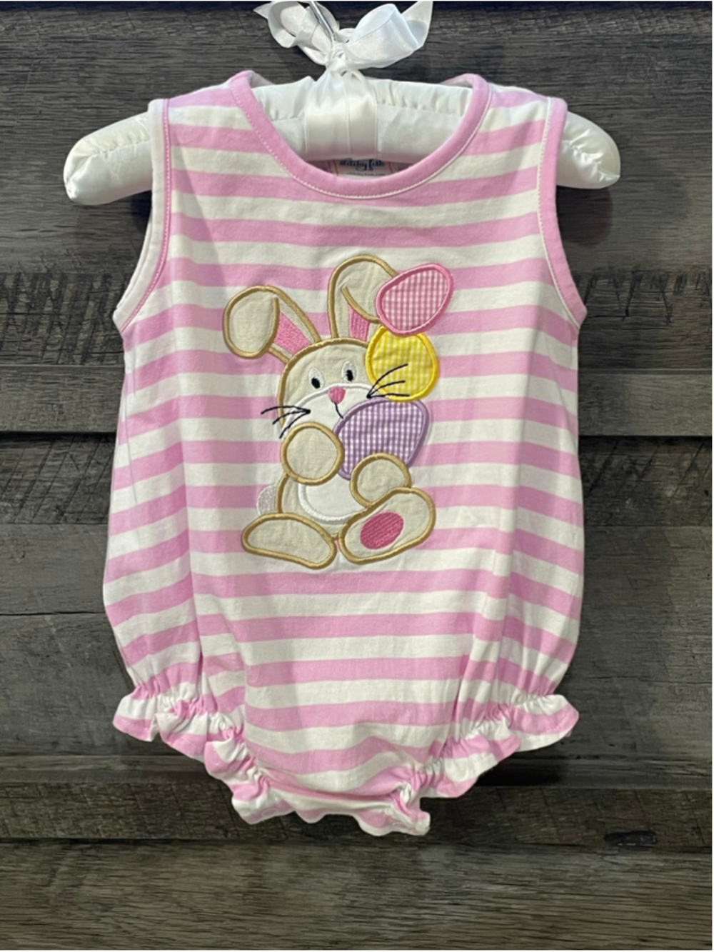 Stitchy Fish Girls Pink & White Easter Bunny Embroidered Bubble Romper 6 Months